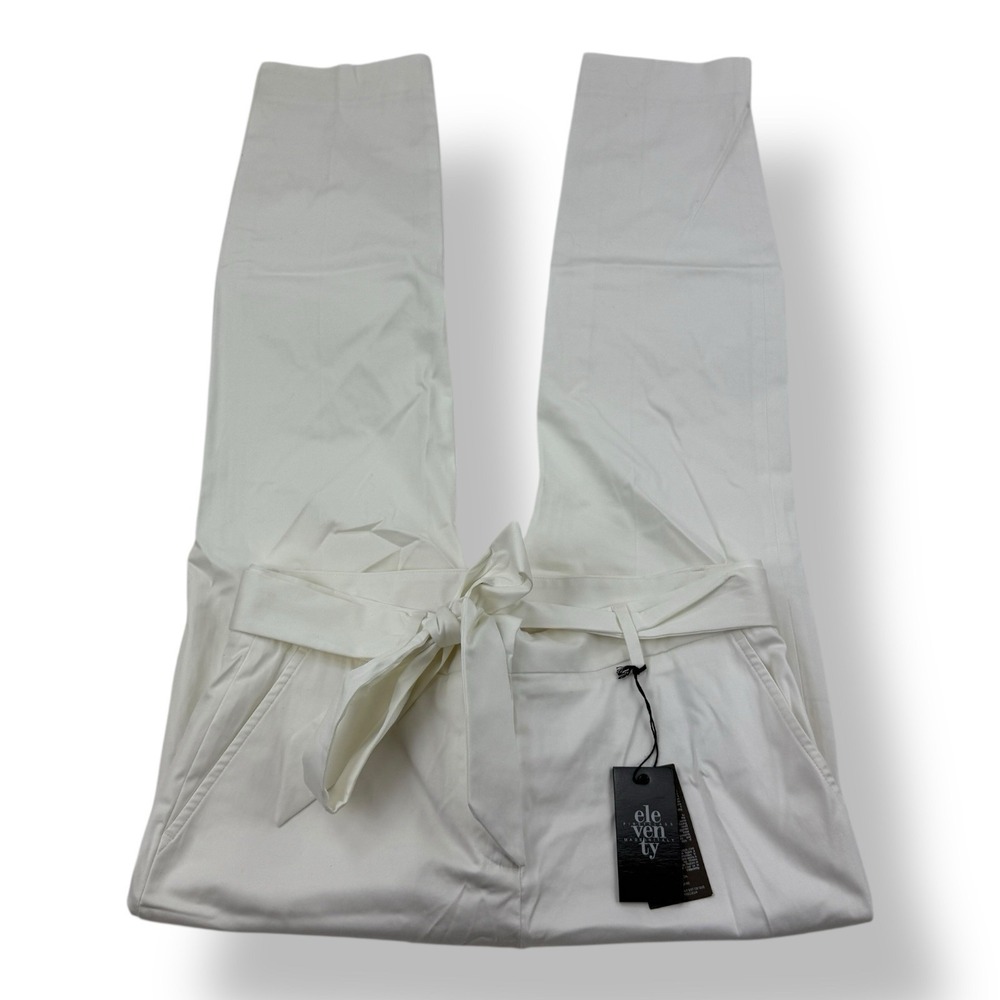 Eleventy Platinum White Cotton Elastane Flat Front Belted Pants Women's Size 6